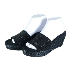 DONALD J PLINER Women US8,5M Black Kid Suede Raffia Wedge Slide Sandals